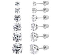 6 Paar chirurgische Edelstahl-Ohrstecker, Schraube zurück vergoldet Herz Stern Quadrat Prinzessin geschnitten Cubic Zirkonia Ohrstecker Set (Silver round Screw back)