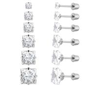 6 Paar chirurgische Edelstahl-Ohrstecker, Schraube zurück vergoldet Herz Stern Quadrat Prinzessin geschnitten Cubic Zirkonia Ohrstecker Set (Silver square Screw back)
