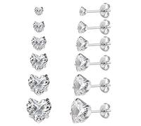 6 Paar chirurgische Edelstahl-Ohrstecker, Schraube zurück vergoldet Herz Stern Quadrat Prinzessin geschnitten Cubic Zirkonia Ohrstecker Set (Silver heart Butterfly back)