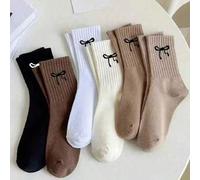 6 Paar Maillard Schleifen-Stickerei vertikale Streifen Mittellänge Socken, Damen sanfter Stil gerippte Slouch Socken, atmungsaktiv weich vielseitig Fr