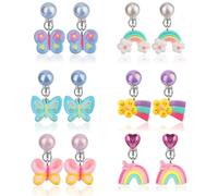 6 Paar Ohrclips für Mädchen, Ohrstecker-Set Ohne Ohrloch mit Ohrpolstern Süßes Schmetterlings-Kaninchen-Regenbogen-Design Ohrclips für Kinder Ohne Loch Schmuck als Geschenk