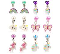 6 Paar Ohrclips für Mädchen, Ohrstecker-Set Ohne Ohrloch mit Ohrpolstern Süßes Schmetterlings-Kaninchen-Regenbogen-Design Ohrclips für Kinder Ohne Loch Schmuck als Geschenk