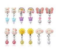 6 Paar Ohrclips für Mädchen, Ohrstecker-Set Ohne Ohrloch mit Ohrpolstern Süßes Schmetterlings-Kaninchen-Regenbogen-Design Ohrclips für Kinder Ohne Loch Schmuck als Geschenk