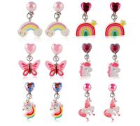 6 Paar Ohrclips für Mädchen, Ohrstecker-Set Ohne Ohrloch mit Ohrpolstern Süßes Schmetterlings-Kaninchen-Regenbogen-Design Ohrclips für Kinder Ohne Loch Schmuck als Geschenk
