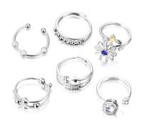 6 Stück Angst Spinning Ringe für Damen,Anti Stress Ring Silber Anxiety Ring Offener Ringe Fidget Spinner Ringe Zirkonia Zappelringe Verstellbare Stapelbare Silber Damenringe für Stress Abbauen