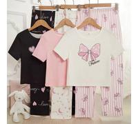 6 Stücke Mädchen Lässig Pyjama Set mit Herz, Schleife, Stern & Wimpern Muster, Rosa Serie