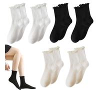 6 Stücke Rüschen Socken 35-39 Socken mit Rüschen Dirndl Trachten Söckchen Damen Baumwolle Süße, Damen Ballettsocken, Leicht Bequem Atmungsaktiv Stricksocken für Mädchen (Schwarz, Weiß, Milchweiß)