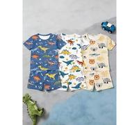 6 Stücke/Set Kleinkinder Jungen Lässig Dinosaurier & Cartoon Muster Dehnbar Strick Kurzarm Top und Shorts Pyjama Set, bequeme Alltagskleidung