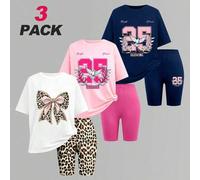 6 Stücke/Set Mädchen Quetsch T-Shirt Set, Sommer Lässig Tops, Straßenmode, Schleife, 25 Grafik, Leopardenmuster, mehrfarbige Jogginghose, locker sitze