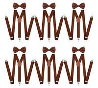 6er-Set einfarbige Herren-Hosenträger verstellbare elastische Hosenträger für Männer und Fliege, Set braune Hosenträger für Herren, Y-förmige Hosenträger und Fliege, starke Clips für Jungen, Hochzeit,