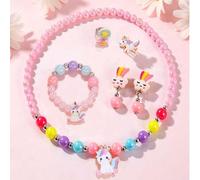 6er/Set Mädchen süße Einhorn Anhänger Halskette, Armband, Ring, Ohrclips Anhänger Mehrfarbig Perlen Kinder Schmuckset, geeignet für Mädchen Feiertagsp