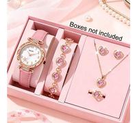 6er Set süße Mädchen rosa PU-Leder Quarz Uhr lässig personalisiertes Herz Schmuckset, Geburtstagsgeschenk,