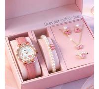 6er Set süße Mädchen rosa PU-Leder Quarz Uhr, lässiges personalisiertes Schmetterling Perlen Schmuckset, Geburtstagsgeschenk,