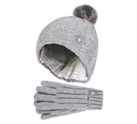 (7-10 Jahre, Frostgraue Melange) Heat Holders - Heat Holders - Mädchen Winter Mütze mit Bommel Pompon und Handschuhe Set