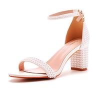 7,5 cm große Blockabsatz-Sandalen mit Perlen und Strasssteinen für Damen, klobiger Absatz, Pumps für Braut, Hochzeit, Party, Abendkleid, Weiss/opulenter Garten, 41 EU