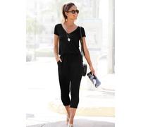 7/8-Overall LASCANA, Damen, Gr. 40, N-Gr, schwarz, Jersey, Obermaterial: 95% Viskose, 5% Elasthan, normal 7/8-Länge, V-Ausschnitt, Overalls, mit V-Ausschnitt, kurzärmliger Jumpsuit, Basic (47417442-40