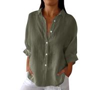 -7-99-er leinenhemd für Damen Hemd lang Langarm Bluse Einfarbig Baumwoll Leinen Revers 3/4 Ärmel Musselin Tunika blusenshirt Sweatshirt（Armeegrün, 3XL