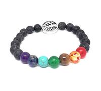 7 Chakra Armband Lebensbaum Chakren, für Damen und Herren - edle Naturperlen Edelstein 8mm Perlen Steinarmband - Yoga Karma Power Beads 17cm, Tigerauge Lapis Lavastein Schwarz, Schmuck mit Bedeutung