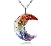 7 Chakra-Kristallhalsketten-Baum des Lebens-Draht umwickelter Mond-Halbmond-Stein-Harz-Quarz-Kettenanhänger, 7 Chakra-Steine, 50 cm