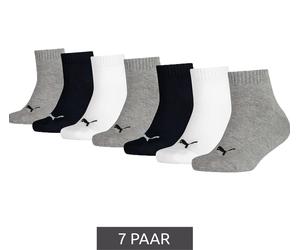 7 Paar PUMA Kids Quarter Baumwoll-Socken Mädchen und Jungen Baumwoll-Strümpfe mit flacher Naht 701222092 002 Schwarz/Weiß/Grau 23-26