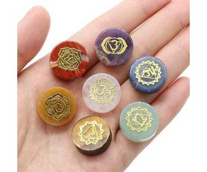 7 Stücke/Packung runde 7 Chakra Naturstein Ornamente, Amethyst Quarz mit eingraviertem Symbol, ohne Loch, 16-18mm