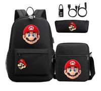 (7)Super Mario 3D-Druck Anti-Diebstahl USB-Schloss Rucksack-Set - 3-teilig: Ideal für Jugendliche, Studenten,