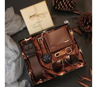 7 teiliges Herren klassisches modisches Lässig Multifunktions-Geschenkset mit Uhr, Geldbörse, Gürtel, Brille, Schlüsselanhänger, LED-Licht und Grußkar