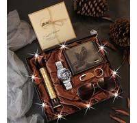 7-teiliges Herren Mode Stilvolle vielseitige klassische Uhr, Adler Geldbörse, Pflegeset, Brille, Schlüsselanhänger, Atmosphäre LED Licht, Grußkarte Ge