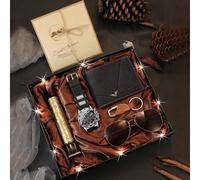 7-teiliges Herren Mode Stilvolle vielseitige klassische Uhr, Adler Geldbörse, Pflegeset, Brille, Schlüsselanhänger, Atmosphäre LED Licht, Grußkarte Ge