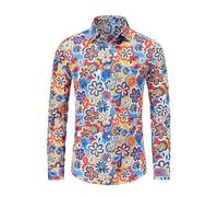 70er Jahre Hemd Herren 4XL, Hippie Hemd Herren Langarm 70Er 80Er Jahre Disco Outfit Glitzerhemd Bunte Faschingskostüme Festliches Shirt Karneval Kostüm Club Hawaiihemd mit Knöpfen, Blau, 4XL