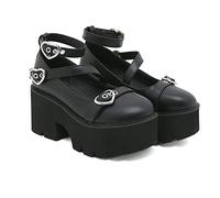 8,5 cm hohe Sandalen für Damen, Gothic-Schnürschuhe mit Schnalle, Kawaii-Lolita-Plateauschuhe mit runder Spitze, JK-Stiefel aus Lackleder mit klobigem Absatz,Schwarz,36