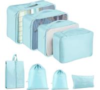 8 Piece Packing Cube Set, Travel Luggage Organiser, Storage Bags, Suitcases, Packaging, Includes Updated Toiletry Bag, Laundry Bag and Shoe Bag (Beige) (Sky Blue)