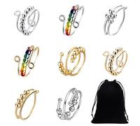 8 Stück Stressabbau-Ringe, Verstellbarer Spaltring mit Perlen, Anti-Stress-Ring, Angstring, Drehring, mit 1 Aufbewahrungstasche, zur Angstlinderung, Dekoration, Damen, Mädchen