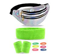 80,90er Jahre Gürteltasche Damen Bauchtasche Metallic 3 Fächer Schultertaschen mit Leuchtendes GrünArmbänder und Stirnband, Neon-Haargummi für 80er 90er Kostüm Fasching Karneval