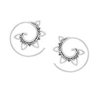 81stgeneration 925 Silber Blumen Mandala Durchziehohrringe | Verziertes Lotus-Design | Spiral-Creolen aus Sterlingsilber | Granulierter Indischer Schmuck für Damen | Festival Boho Threader Hoops