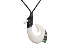 81stgeneration Handgeschnitzter Großer HEI Matau Anhänger aus Knochen mit Paua-Muschel | Surfer-Accessoire für Herren | Handgefertigte Halskette im Maori-Stil mit Fischhakenkordel