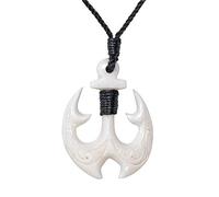81stgeneration Handgeschnitzter Großer HEI Matau Ankeranhänger aus Knochen | Surfer-Accessoire für Herren | Handgemachte Tribal Fischhaken Halskette | Amulett im Maori-Stil