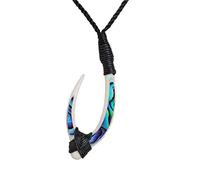 81stgeneration Handgeschnitzter Long HEI Matau Anhänger aus Knochen mit Paua-Muschel | Surfer-Accessoire für Herren | Handgefertigte Halskette im Maori-Stil mit Fischhakenkordel