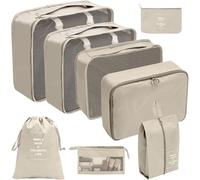 8er Set Koffer Organizer beige - mit Kosmetiktasche - Packtaschen - Packing Cubes