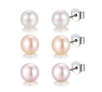 8mm Süßwasserperlen Ohrringe 3er Perlenohrringe Silber 925 Perlenohrstecker Echte Perlen Süßwasser-zuchtperlen Ohrringe Ohrstecker Weiße Champagner Helles Lila 3 Paar Set