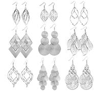 9 Paar Tropfen Ohrringe Silber für Damen, Modeschmuck Ohrringe Boho Set, Hypoallergene Ohrring Große Lang Blatt Aushöhlen Laub Quaste Feder Prisma Boho Ohrhänger Silber Tropfenohrringe Set