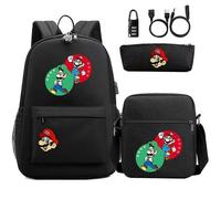 (9)Super Mario 3D-Druck Anti-Diebstahl USB-Schloss Rucksack-Set - 3-teilig: Ideal für Jugendliche, Studenten,