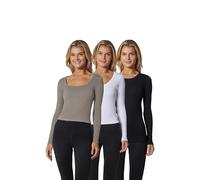 90 Degree By Reflex Damen 3er-Pack geripptes nahtloses Langarm-Top mit Rundhalsausschnitt, U-Ausschnitt und quadratischem Ausschnitt, Satellit/Weiß/Schwarz, Klein