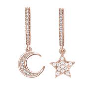 925 Sterling Silber Creolen mit Anhänger Ohrringe für Damen, Mädchen und Frauen Kreolen hängend klein mit Mond und Stern (Rosegold - mit Strass)