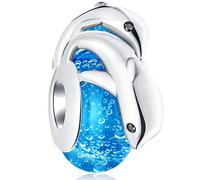 925 Sterling Silber Meeresschildkröte und Mutter/Kind Delphine Charms auf blauen Muranoglas Perlen, passen Pandora Ozean Armband Halskette, Geburtstagsgeschenk für Mütter Tag/Reise/Urlaub