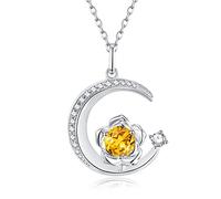 925 Sterling Silber November Geburtsstein Erstellt Citrin Halskette Rose & Mond Anhänger Gelber Edelstein Geburtstag Jahrestag Schmuck Geschenke für Frauen Mädchen Mutter Tochter, verstellbare Kette