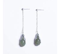 925er Silber Ohrringe Damen, Natürliche Hetian Magnolie Ohrclips Handgemachte Grüne Jade Blume Lange Quaste Ohrlinie Für Dame, Chinesische Art Weibliche Ohrstecker Hypoallergen Schmuck Schmuck Zub