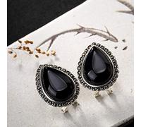 925er Silber Ohrringe Damen, Vintage Schwarz Onyx Chalcedony Drop Shaped Ohrclips Stering Silver Hochwertiger Ohrhaken, Weibliche Ohrstecker Im Chinesischen Stil, Hypoallergenes Schmuckzubehör