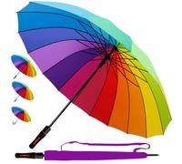 95KPH 16 Rippen Regenschirm Automatik Sturmfest Regenbogen - Stockschirm SEHR STARK Herren Damen Windfest - Windproof Verstärkt mit Fiberglas - Mehrfarbig Bunt - Gerader Griff - Größe XL