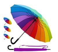 95KPH 16 Rippen Regenschirm Automatik Sturmfest Regenbogen - Stockschirm SEHR STARK Herren Damen Windfest - Windproof Verstärkt mit Fiberglas - Mehrfarbig Bunt - Hakengriff - Größe M